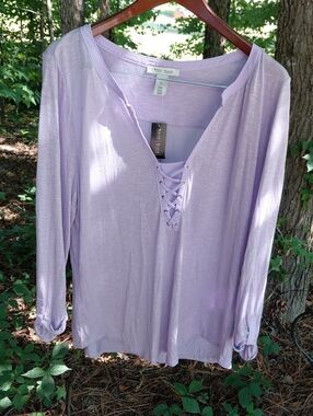 White House Black Market Light Lavender Lace-Up Long Sleeve Tee
